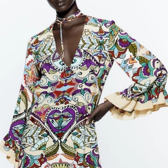 Zara Multicolor Printed Ruffle Hem Maxi Dress Size XS - Picture 3 of 12